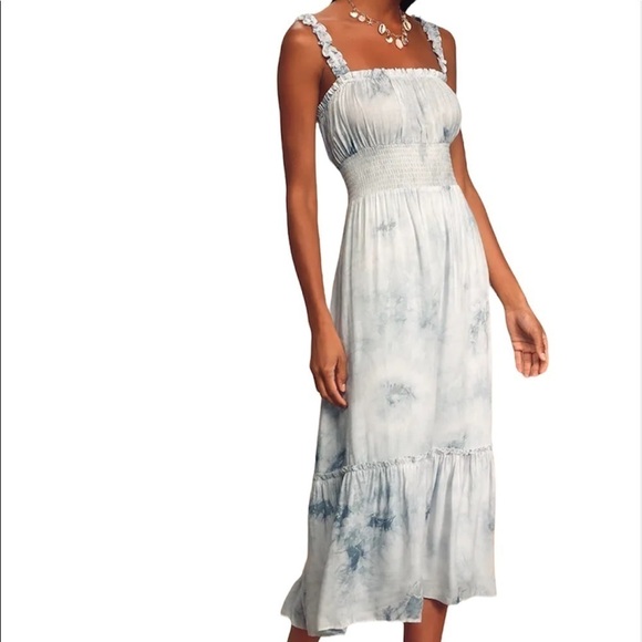 Lulus X LUSH Ruffle Luck Blue Tie-Dye Ruffled Midi Dress - Picture 1 of 12
